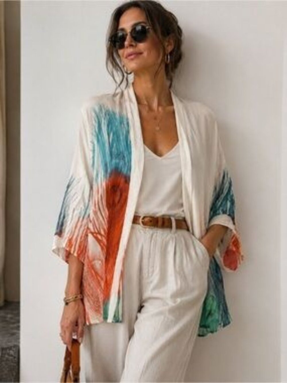 Leifsdottir Anthropologie Hera Peacock Feather Print Silk Kimono Cardigan Size M
